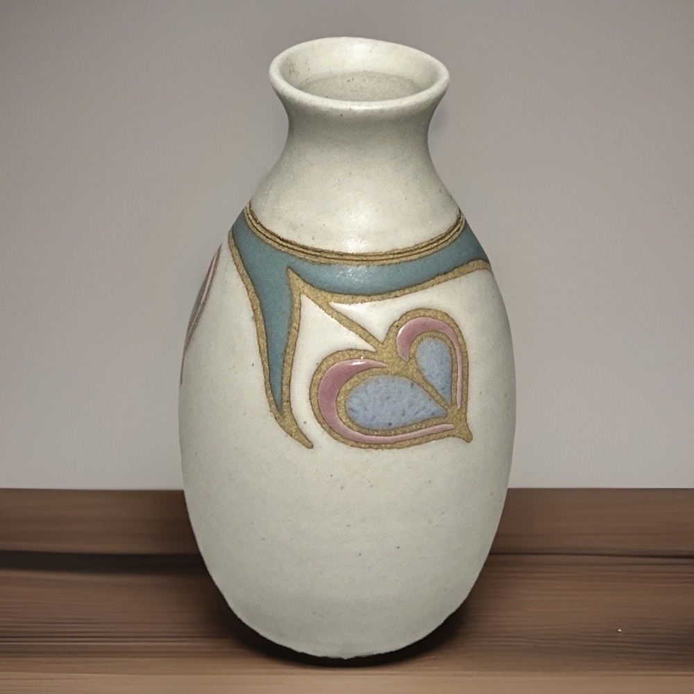 Hand Crafted Ceramic Vase Blue Pink Heart Design Matte Glaze Unique Art Pottery